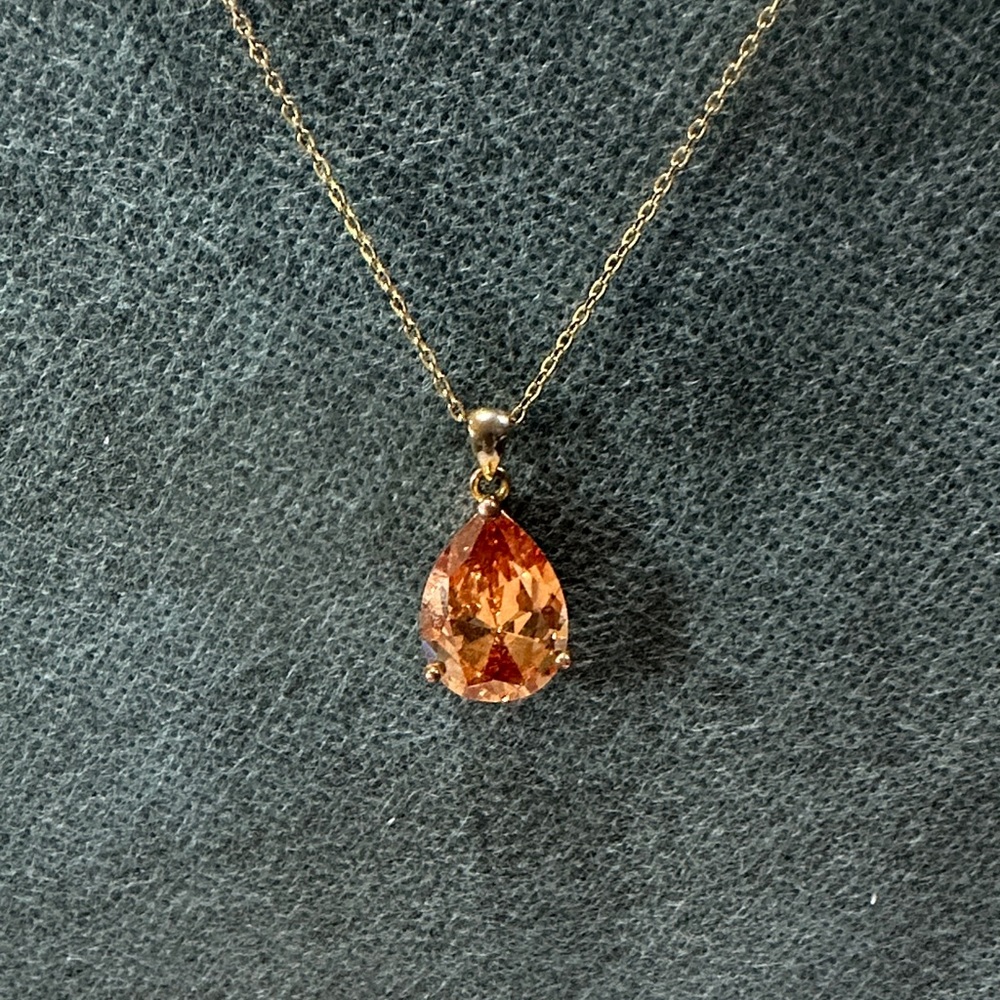 Gold Chain Necklace with Teardrop Orange Crystal Pendant